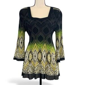 Dressbarn Women’s Black Green Accordion Pleat Bell Sleeve Tunic Blouse